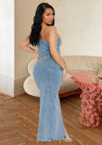 Slanted shoulder sleeveless backless and waist exposed denim dress