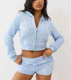 Printed zipper cardigan jacket shorts set