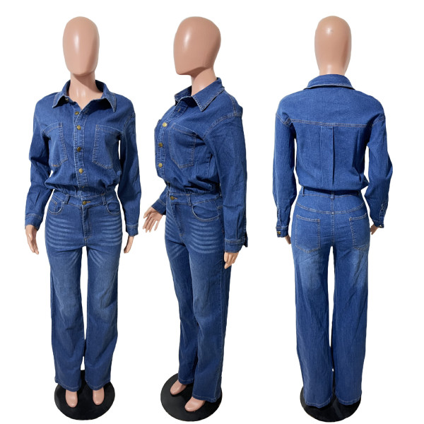Slim fit elastic loose washable long sleeved denim jumpsuit