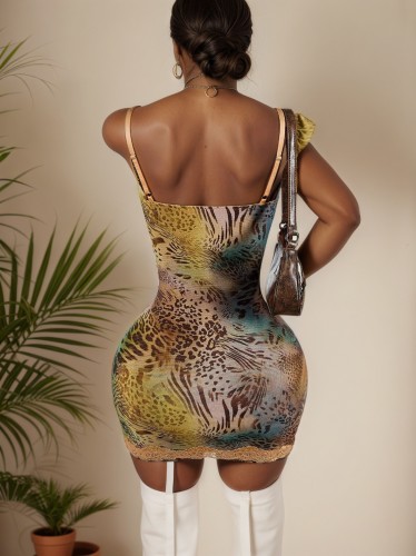 Lace camisole printed backless flower wrapped hip dress