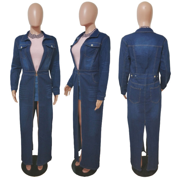 Cardigan long sleeved denim trench coat, denim cloak