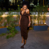 Hanging neck V-neck chest wrapped long dress with hip wrapped skirt