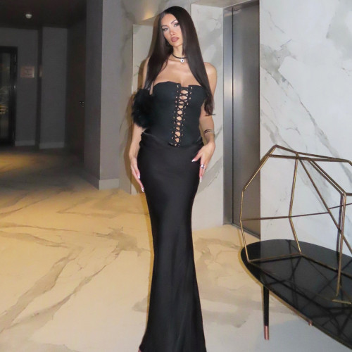 Strapless lace up sleeveless tight dress