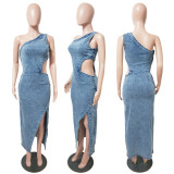 Slanted shoulder sleeveless backless and waist exposed denim dress