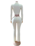 Fold zipper exposed navel long sleeved long pants two-piece set