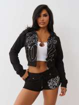 Printed zipper cardigan jacket shorts set