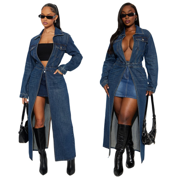 Cardigan long sleeved denim trench coat, denim cloak