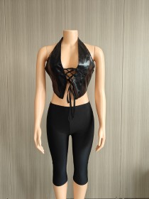 PU strap top half pants two-piece set
