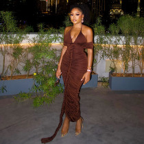 Hanging neck V-neck chest wrapped long dress with hip wrapped skirt