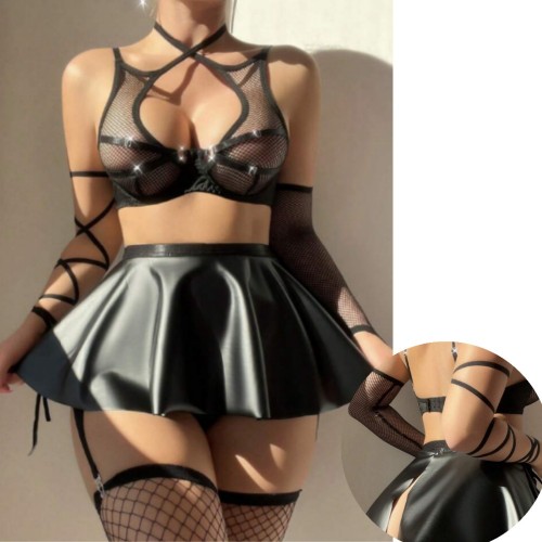 PU leather A-line umbrella skirt fun uniform