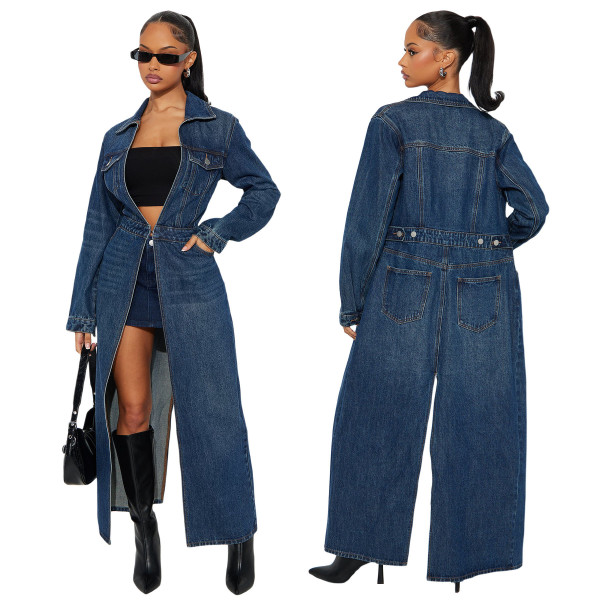 Cardigan long sleeved denim trench coat, denim cloak