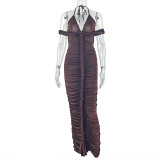 Hanging neck V-neck chest wrapped long dress with hip wrapped skirt