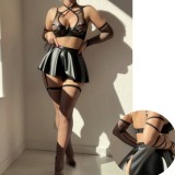 PU leather A-line umbrella skirt fun uniform