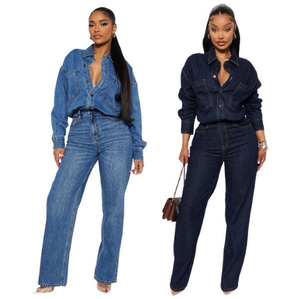 Slim fit elastic loose washable long sleeved denim jumpsuit