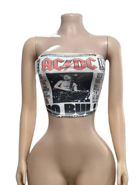 Letter printed cropped short strapless top with exposed navel