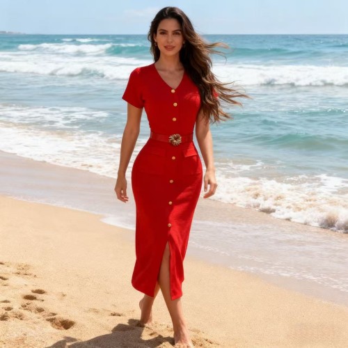 Split hip dress with metal buckle decoration, V-neck short sleeved mid length skirt