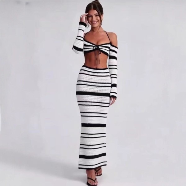 Knitted lace up crop top contrasting long sleeved striped sweater skirt set