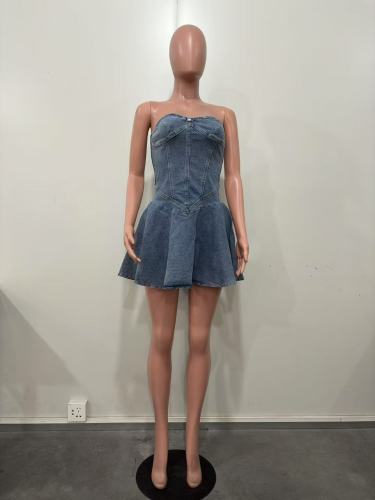 Bralette-style sleeveless denim A-line dress