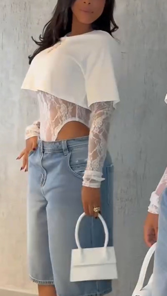 Round neck long sleeved lace T-shirt top jumpsuit