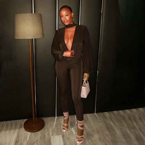 Deep V-neck hanging neck loose long sleeved top and leggings set