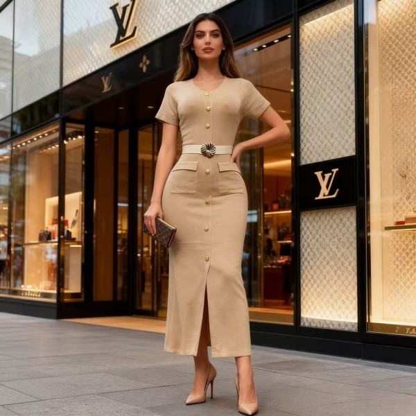 Split hip dress with metal buckle decoration, V-neck short sleeved mid length skirt