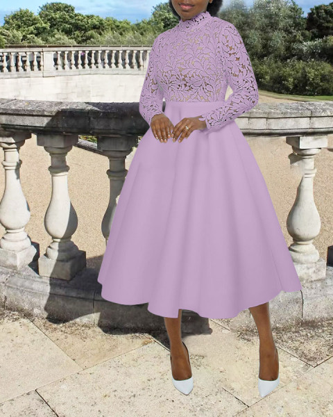 Mid to high collar lace petal patchwork dress