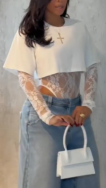 Round neck long sleeved lace T-shirt top jumpsuit