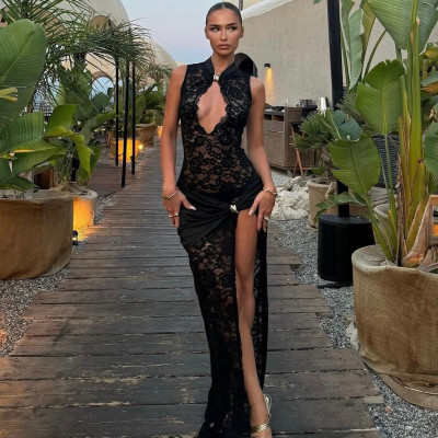 Lace hollowed out high slit slim fit sleeveless dress