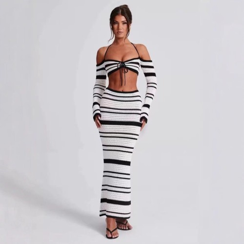 Knitted lace up crop top contrasting long sleeved striped sweater skirt set