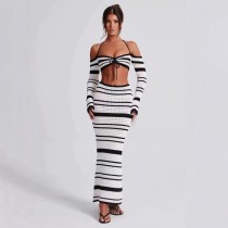 Knitted lace up crop top contrasting long sleeved striped sweater skirt set Knitted lace up crop top contrasting long sleeved striped sweater skirt set