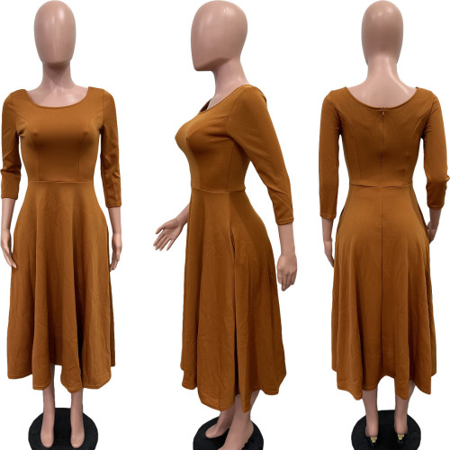 Solid color U-neck pocket oversized dress