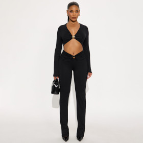 V-neck metal butterfly buckle splicing hollow out exposed navel pleated pants set