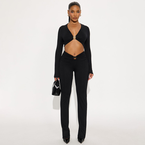 V-neck metal butterfly buckle splicing hollow out exposed navel pleated pants set