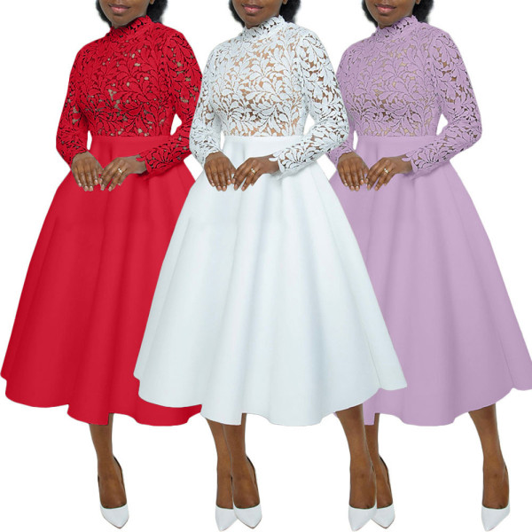 Mid to high collar lace petal patchwork dress