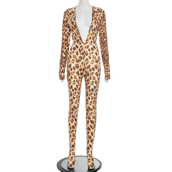 Leopard print deep V-neck backless elastic jumpsuit