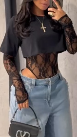 Round neck long sleeved lace T-shirt top jumpsuit