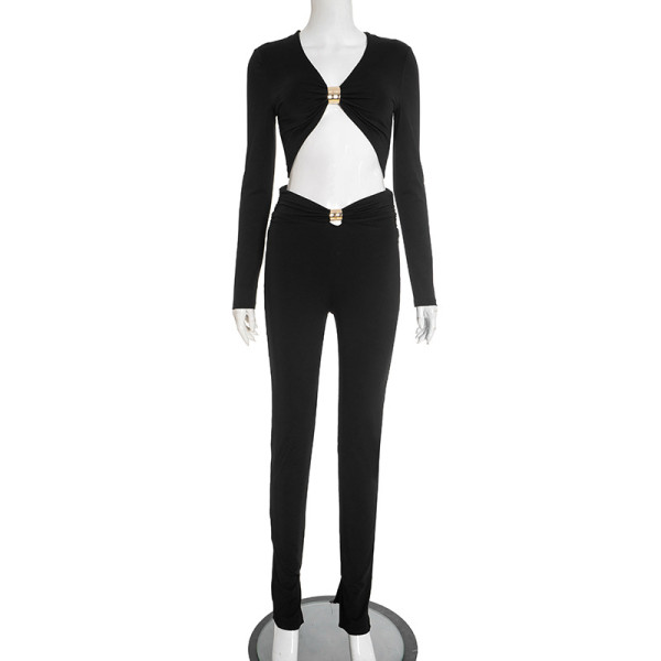 V-neck metal butterfly buckle splicing hollow out exposed navel pleated pants set