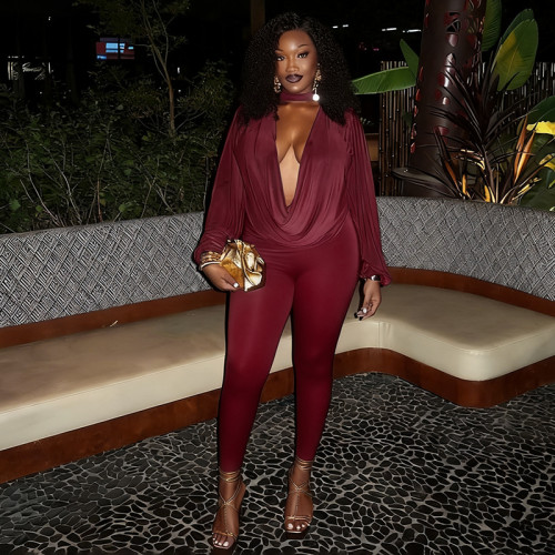 Deep V-neck hanging neck loose long sleeved top and leggings set