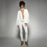 Deep V-neck hanging neck loose long sleeved top and leggings set