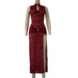 Lace hollowed out high slit slim fit sleeveless dress