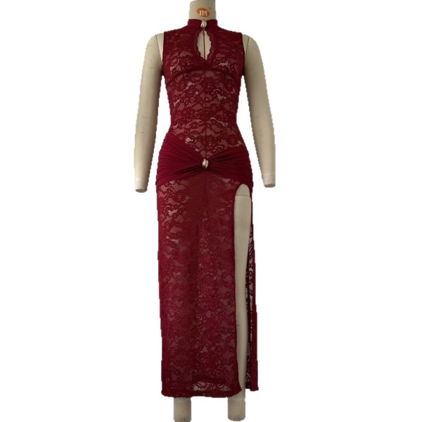 Lace hollowed out high slit slim fit sleeveless dress