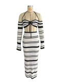 Knitted lace up crop top contrasting long sleeved striped sweater skirt set