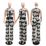Perspective lace short V-neck sleeveless top paired with loose wide leg pants two-piece set