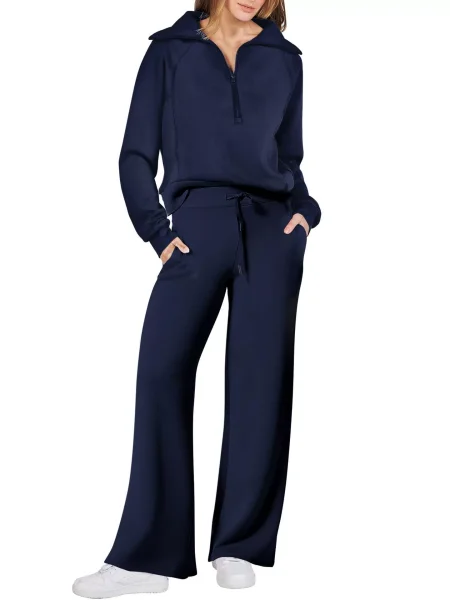 Sports suit zipper long sleeved sweatshirt wide leg pants two-piece set
