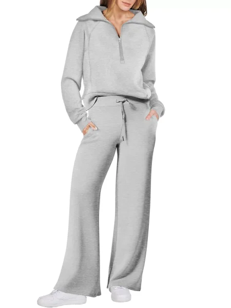 Sports suit zipper long sleeved sweatshirt wide leg pants two-piece set
