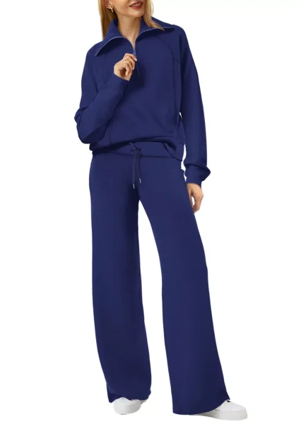 Sports suit zipper long sleeved sweatshirt wide leg pants two-piece set