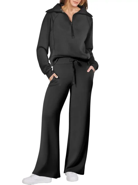 Sports suit zipper long sleeved sweatshirt wide leg pants two-piece set