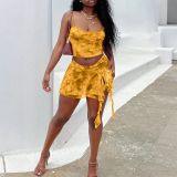 Mesh camisole vest irregular slit skirt set