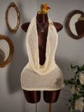 Knitted hanging neck pile collar backless sleeveless woolen jumpsuit short skirt