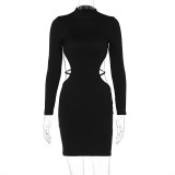 Long sleeved backless solid color hip hugging dress